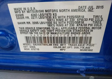 2015 Mitsubishi Outlander Sport Es from USA, damaged, VIN 4A4AP3AU9FE045736